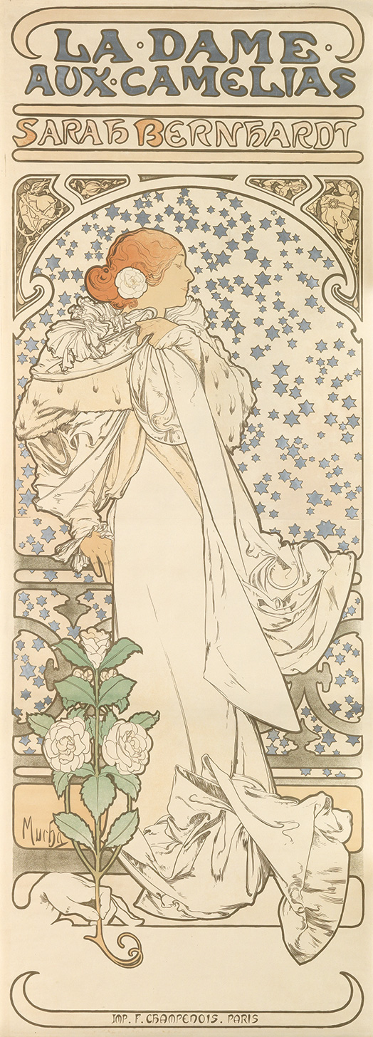 ALPHONSE MUCHA (1860-1939). LA DAME AUX CAMELIAS. 1896. 81x29 inches, 205x75 cm. F. Champenois, Paris.